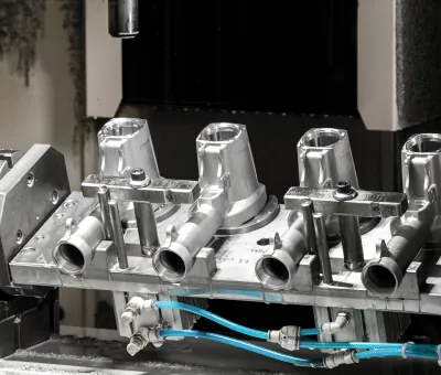 ±0.01mm公差を実現するため、アルミ工具筐体の二次精密ミーリング加工を行う多軸CNC加工センター