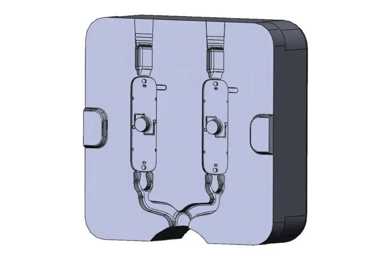 均一な金属流動を実現するため最適化されたランナー設計とゲート配置を示すデュアルキャビティダイカスト金型のプロフェッショナル3D CAD設計